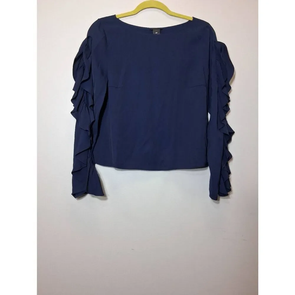 Club Monaco womens small boxy shirt navy blue ruffle sleeve boat neck